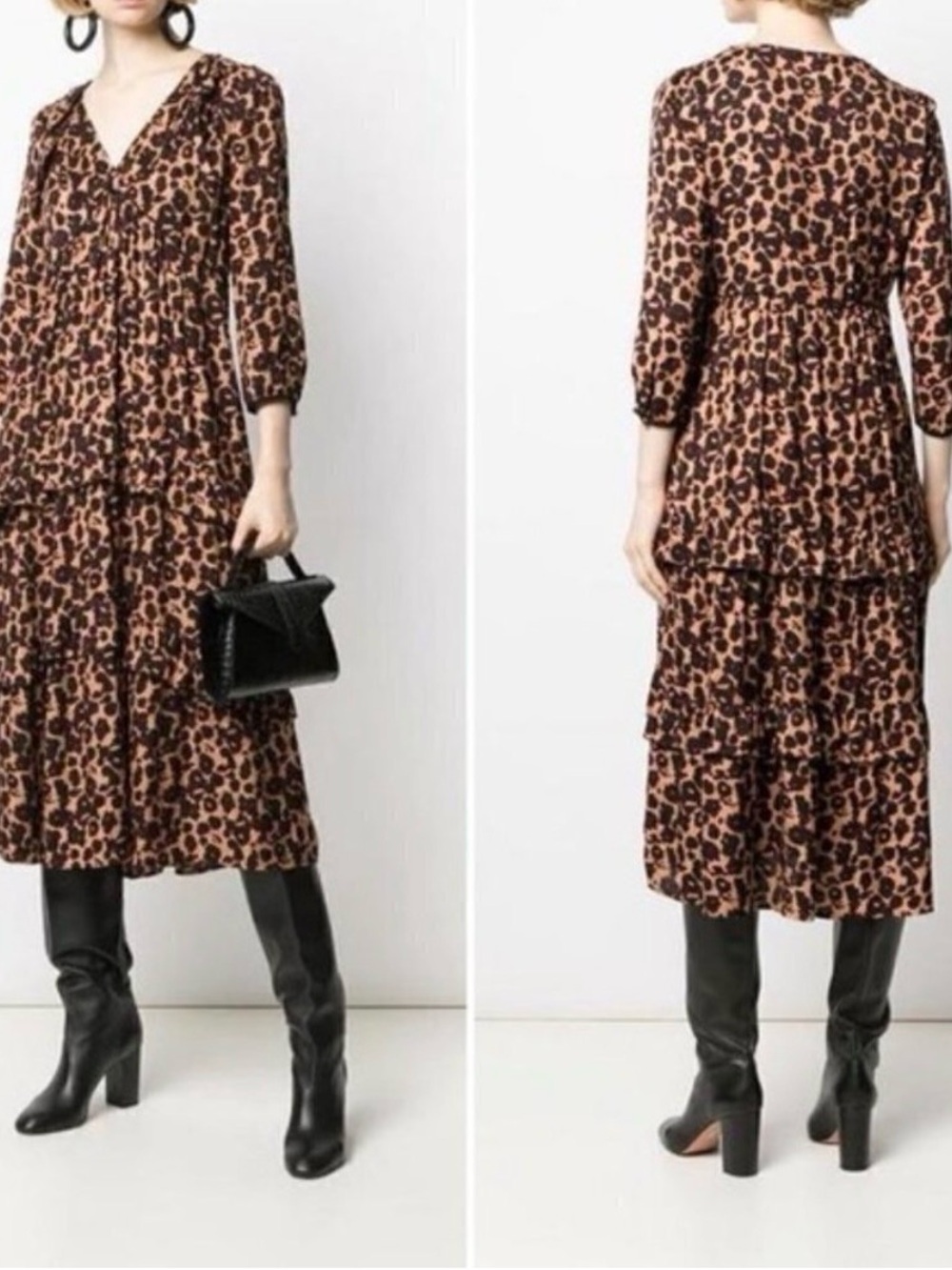Ba&Sh Tracy Midi Camel Leopard Print tiered dress, size 6